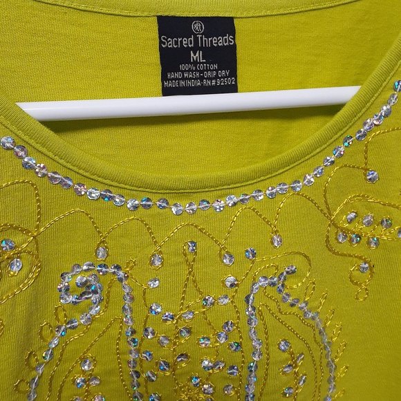 4/$25 Lime Green Sacred Threads Sequin Top M/L - Picture 2 of 5